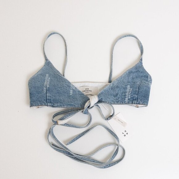 ✨ Les Coyotes de Paris Denim Bralette Girls Size 14 Womens XS Blue Logo Print - Picture 2 of 12
